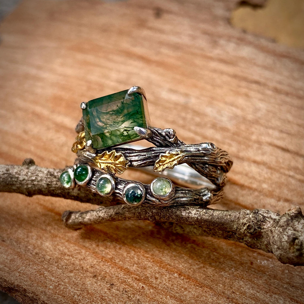 Moss Agate Sterling Silver Oak Leaf Ring