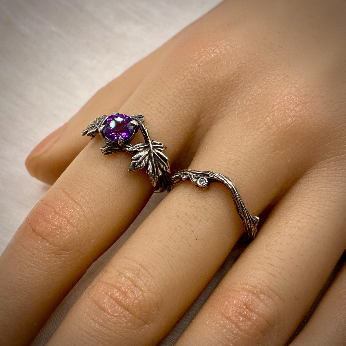 Amethyst Sterling Silver Maple Leaf Band