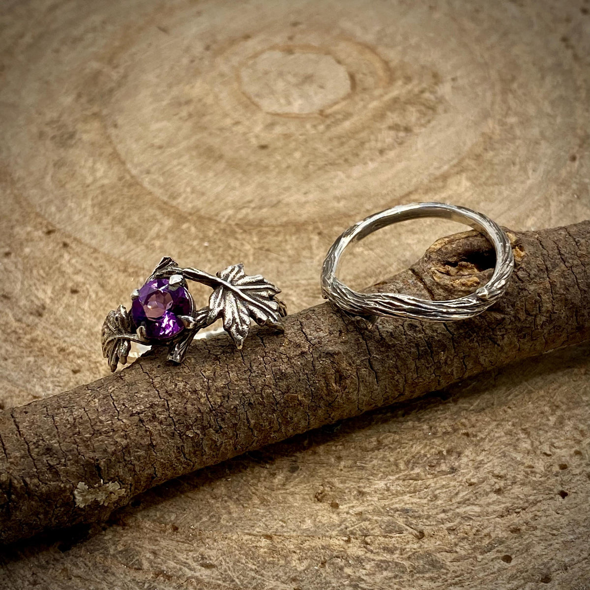 Amethyst Sterling Silver Maple Leaf Band