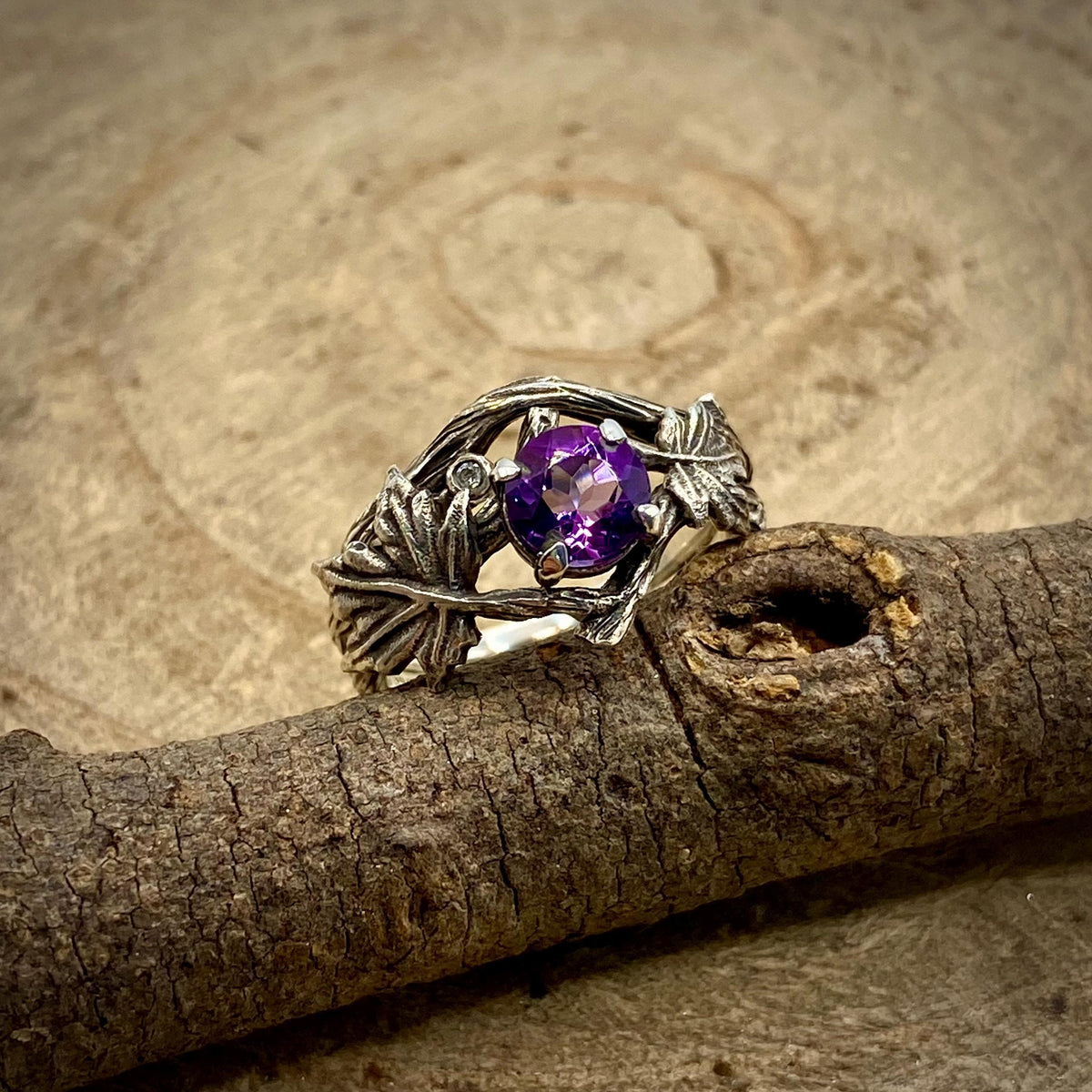 Amethyst Sterling Silver Maple Leaf Band