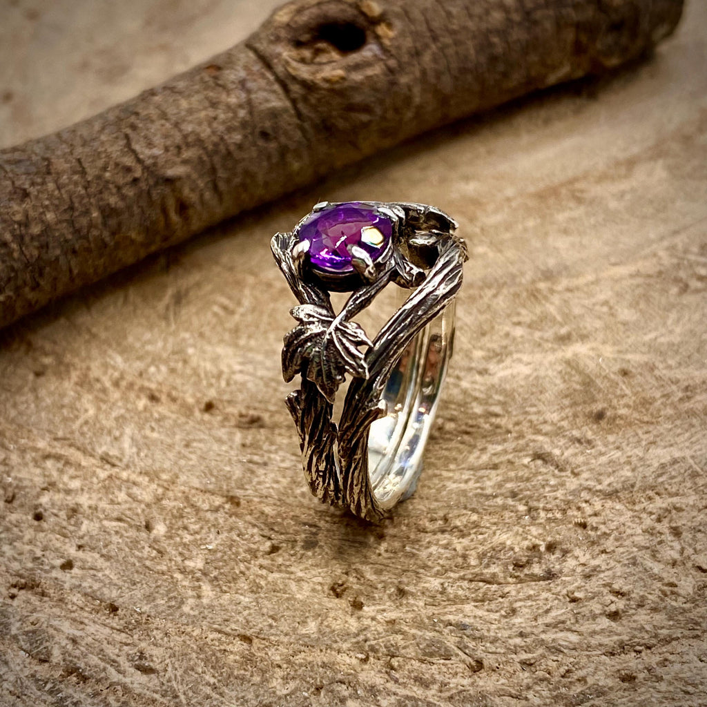 Amethyst Sterling Silver Maple Leaf Band