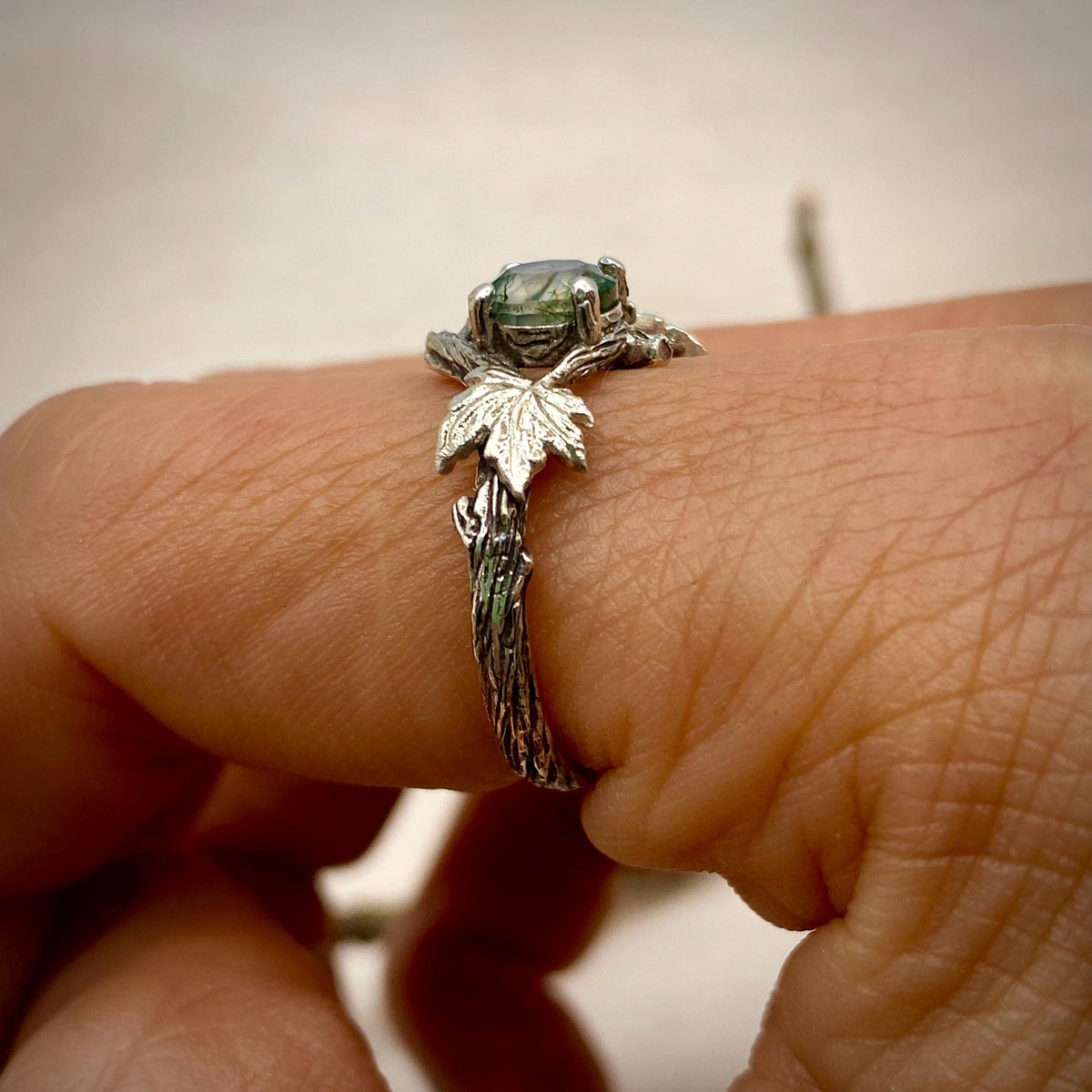 Moss Agate Sterling Silver Maple Leaf Ring