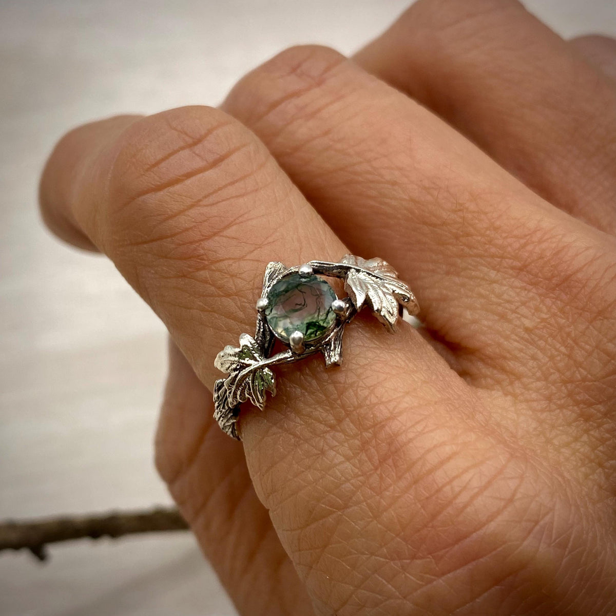 Moss Agate Sterling Silver Maple Leaf Ring