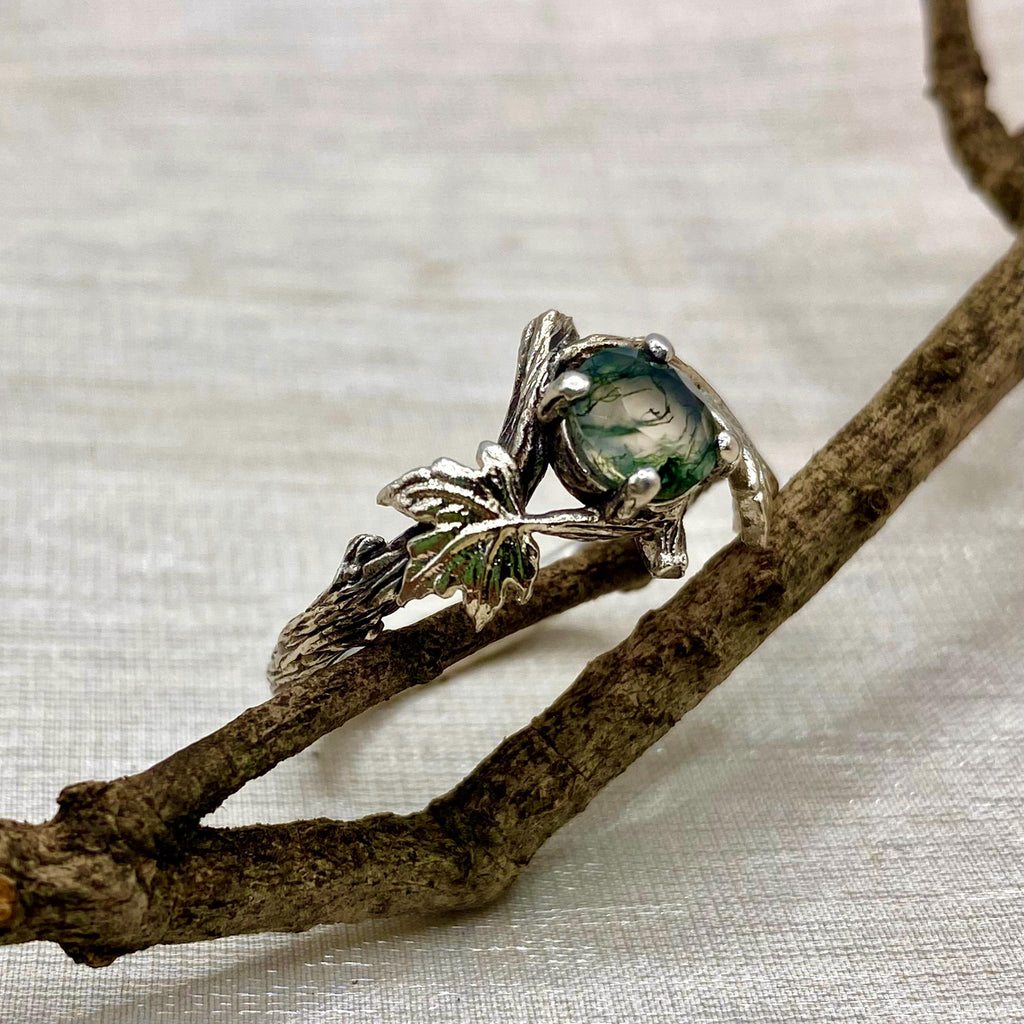 Moss Agate Sterling Silver Maple Leaf Ring