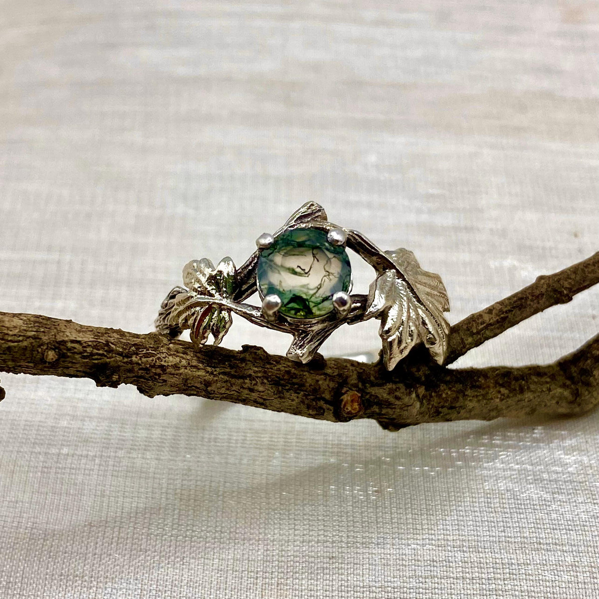 Moss Agate Sterling Silver Maple Leaf Ring