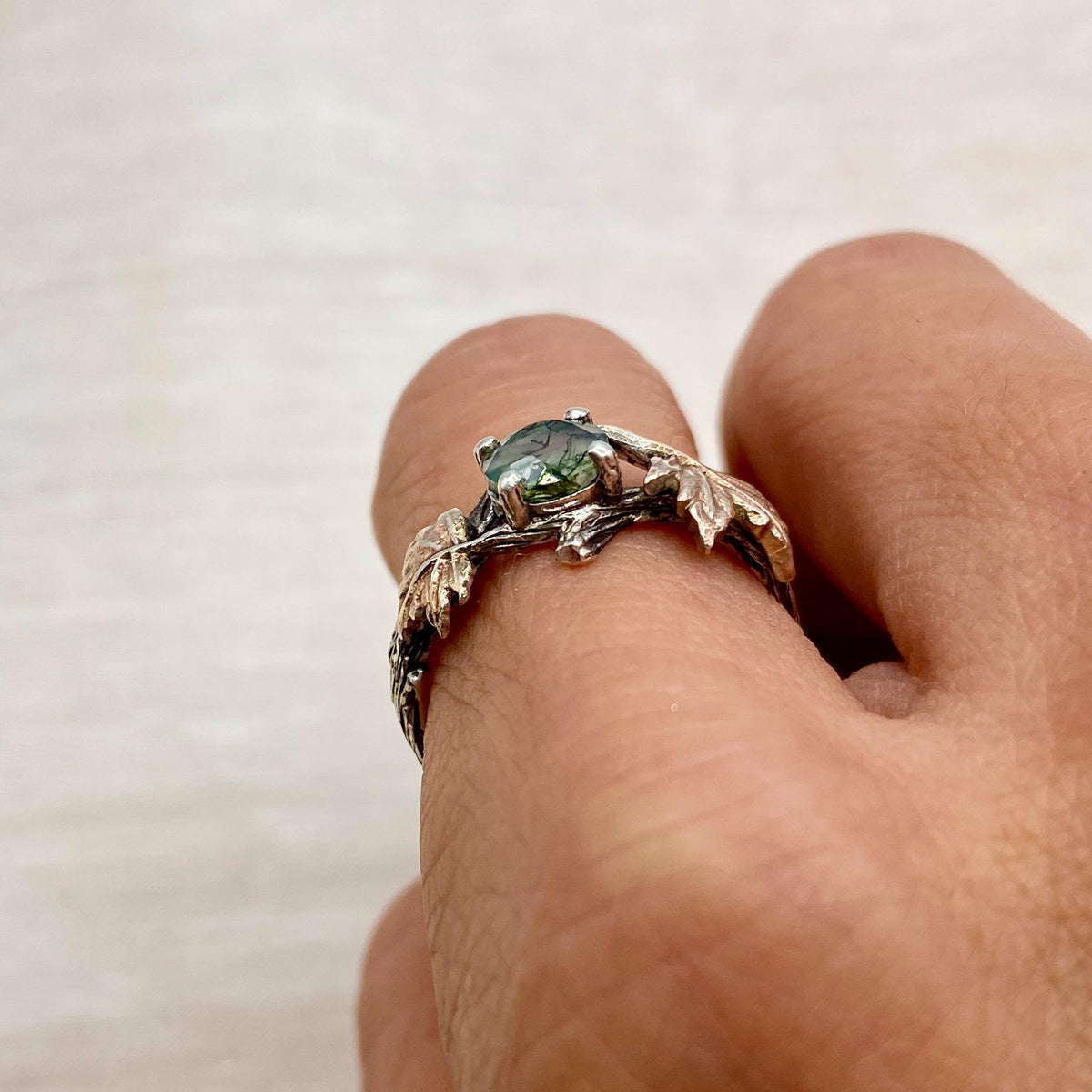 Moss Agate Sterling Silver Maple Leaf Ring