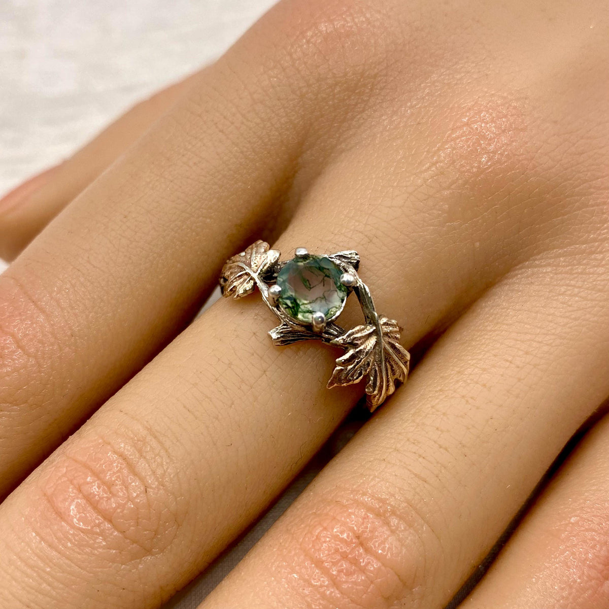 Moss Agate Sterling Silver Maple Leaf Ring
