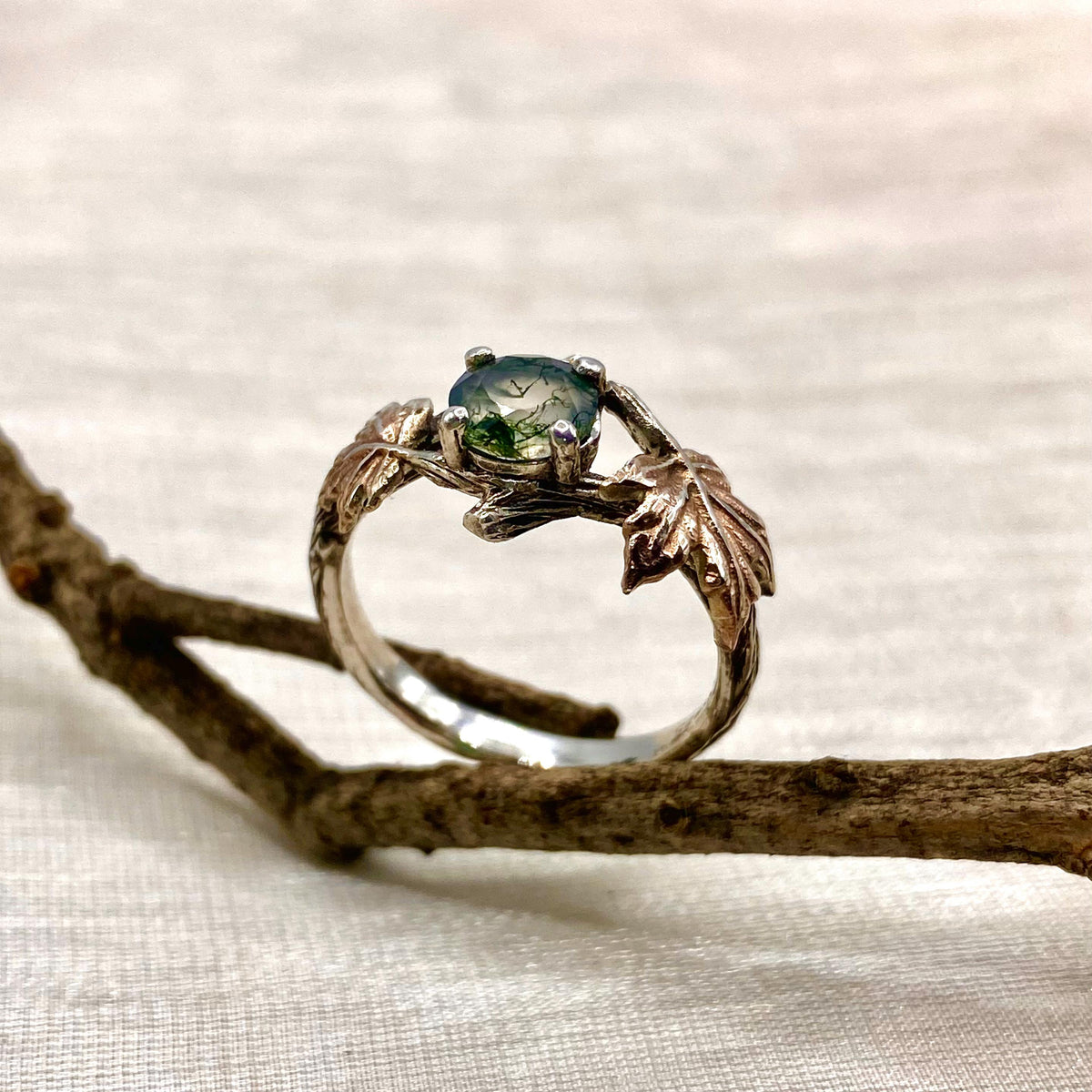 Moss Agate Sterling Silver Maple Leaf Ring