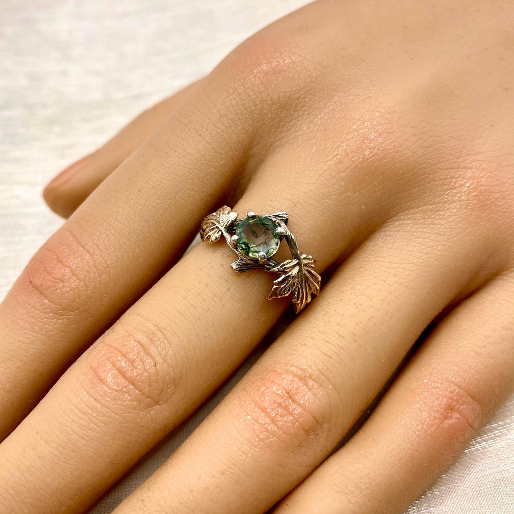 Moss Agate Sterling Silver Maple Leaf Ring