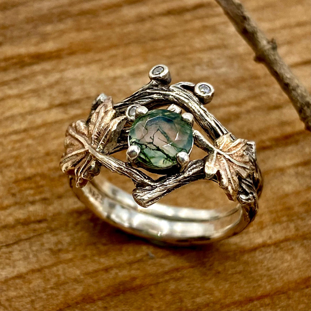 Moss Agate Sterling Silver Maple Leaf Ring