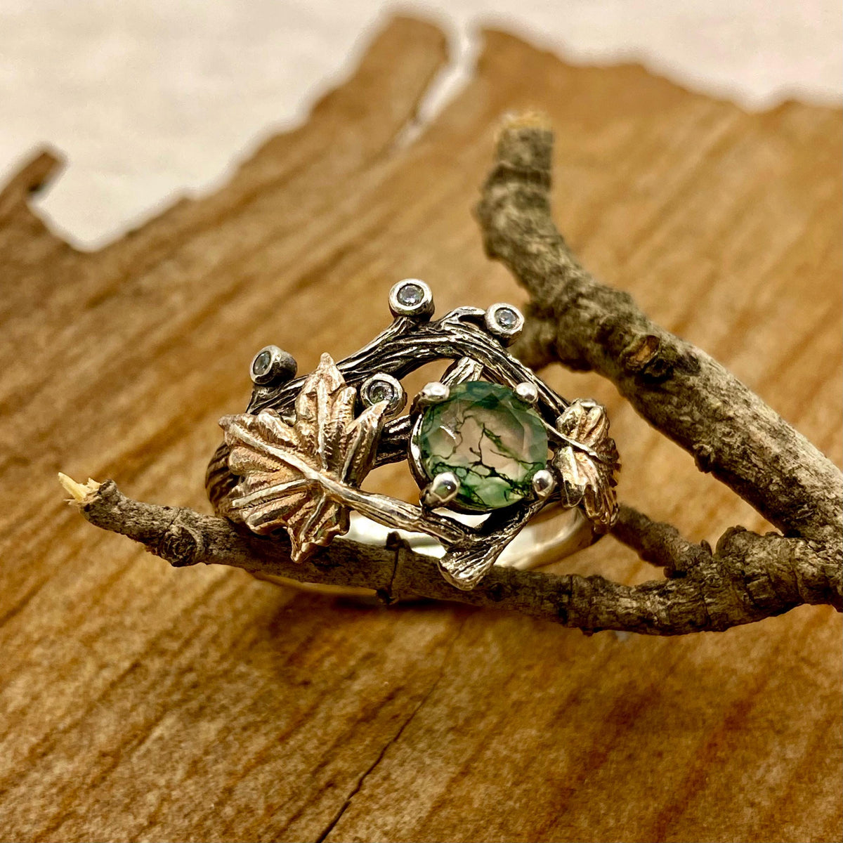 Moss Agate Sterling Silver Maple Leaf Ring