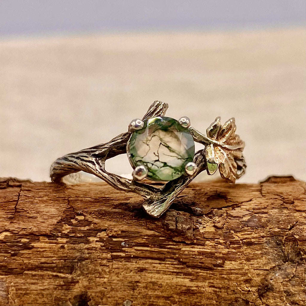 Moss Agate Sterling Silver Maple Leaf Ring