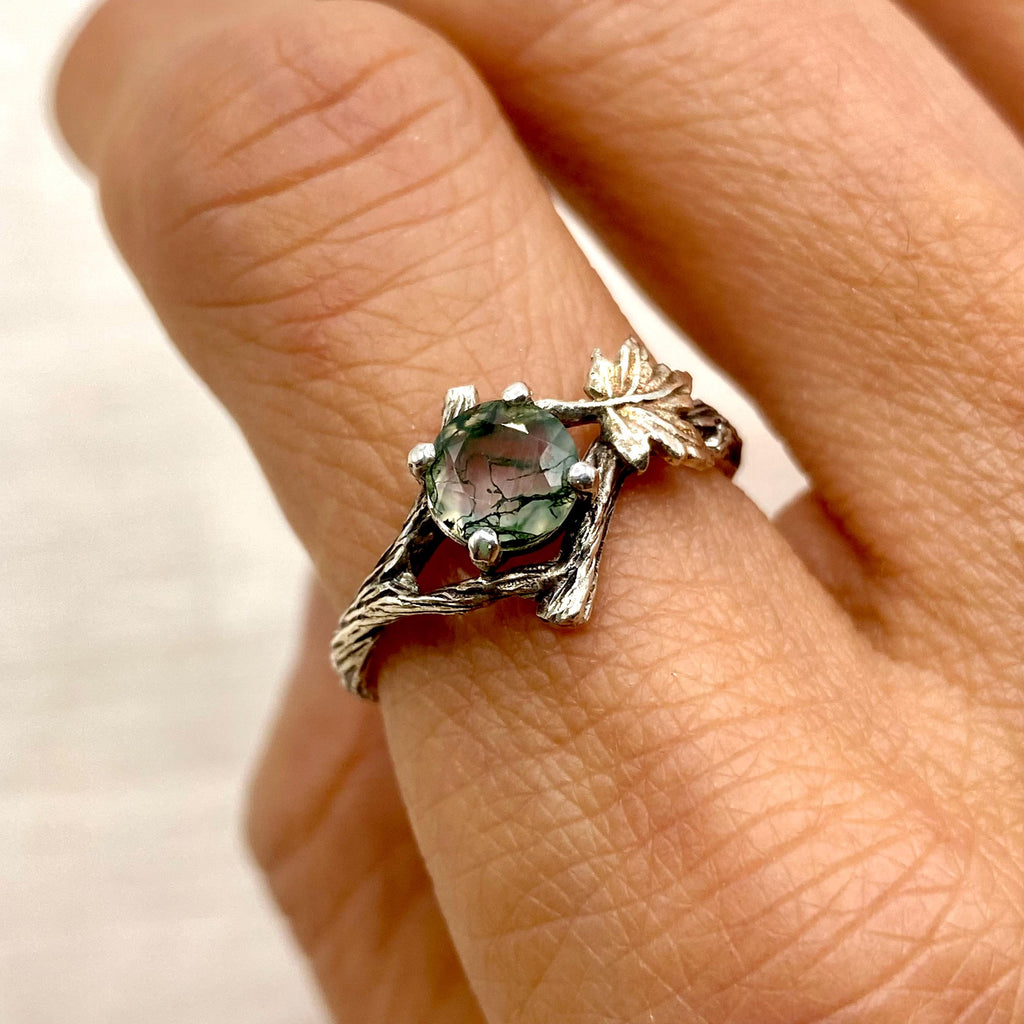 Moss Agate Sterling Silver Maple Leaf Ring