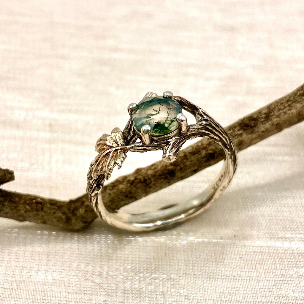 Moss Agate Sterling Silver Maple Leaf Ring