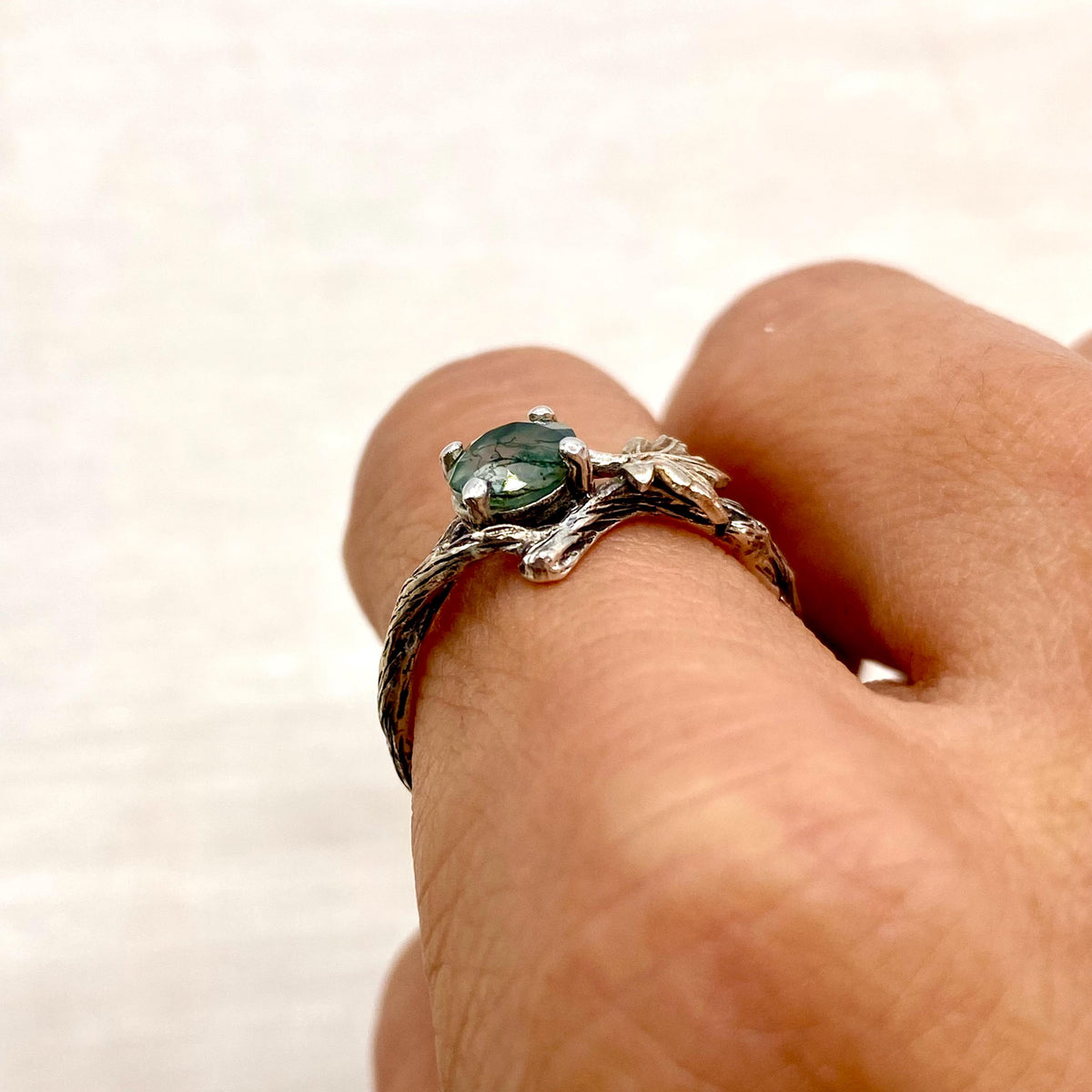 Moss Agate Sterling Silver Maple Leaf Ring