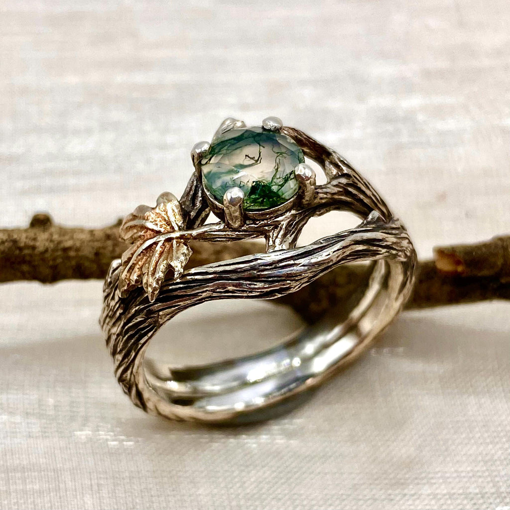 Moss Agate Sterling Silver Maple Leaf Ring Set