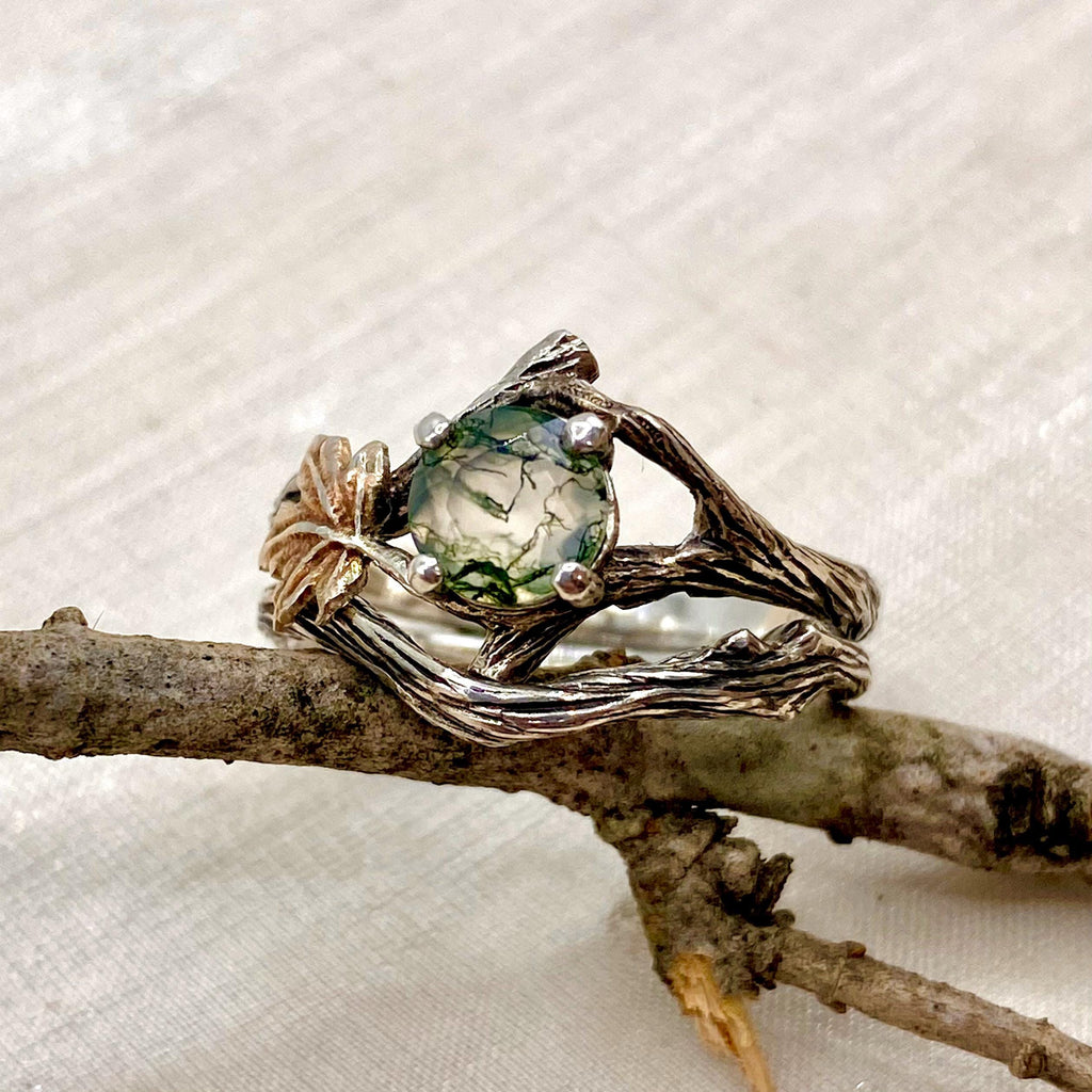Moss Agate Sterling Silver Maple Leaf Ring Set
