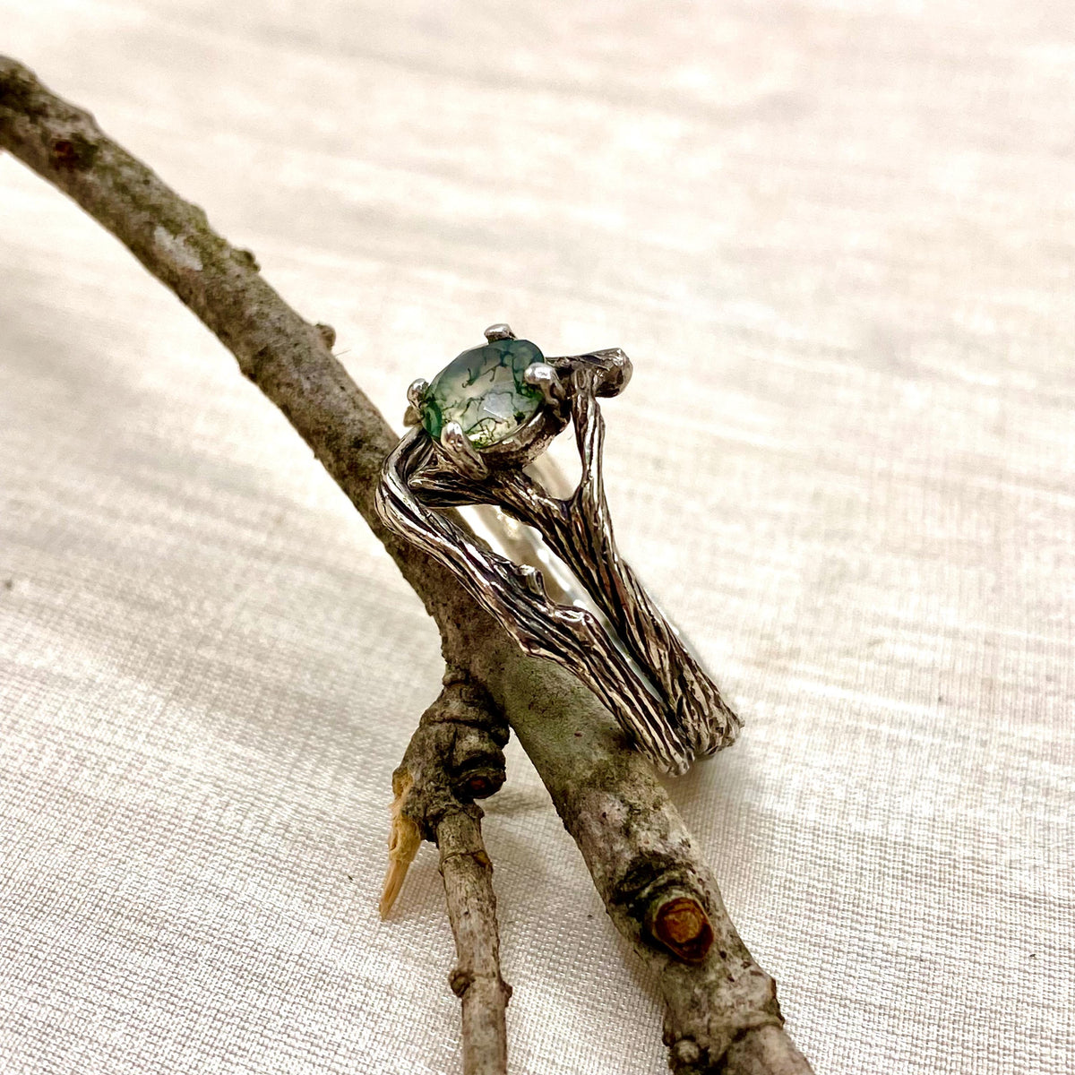 Moss Agate Sterling Silver Maple Leaf Ring Set