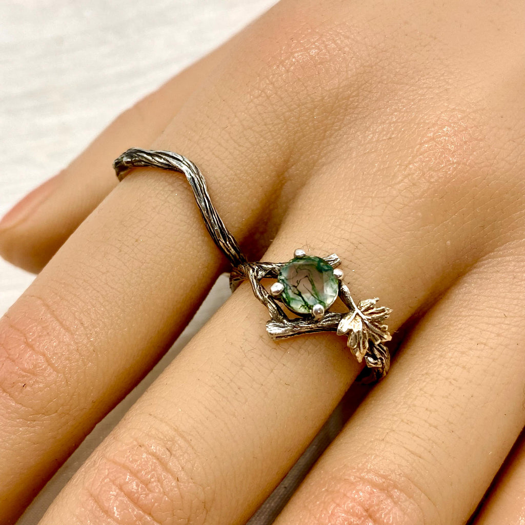 Moss Agate Sterling Silver Maple Leaf Ring Set