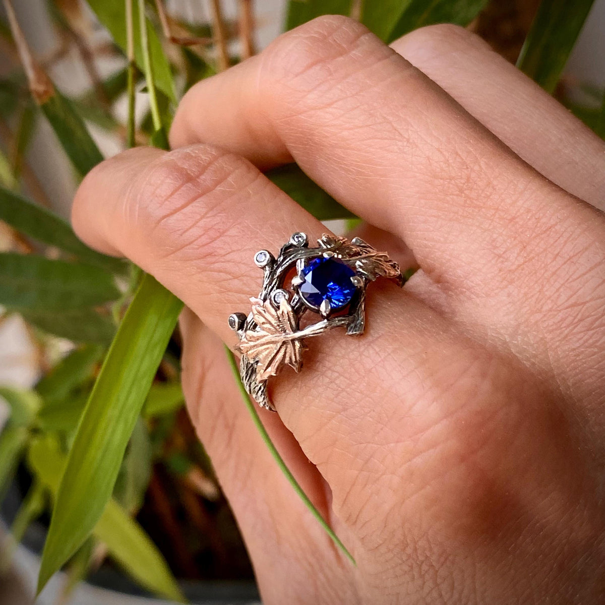 Sapphire Sterling Silver Maple Leaf Ring
