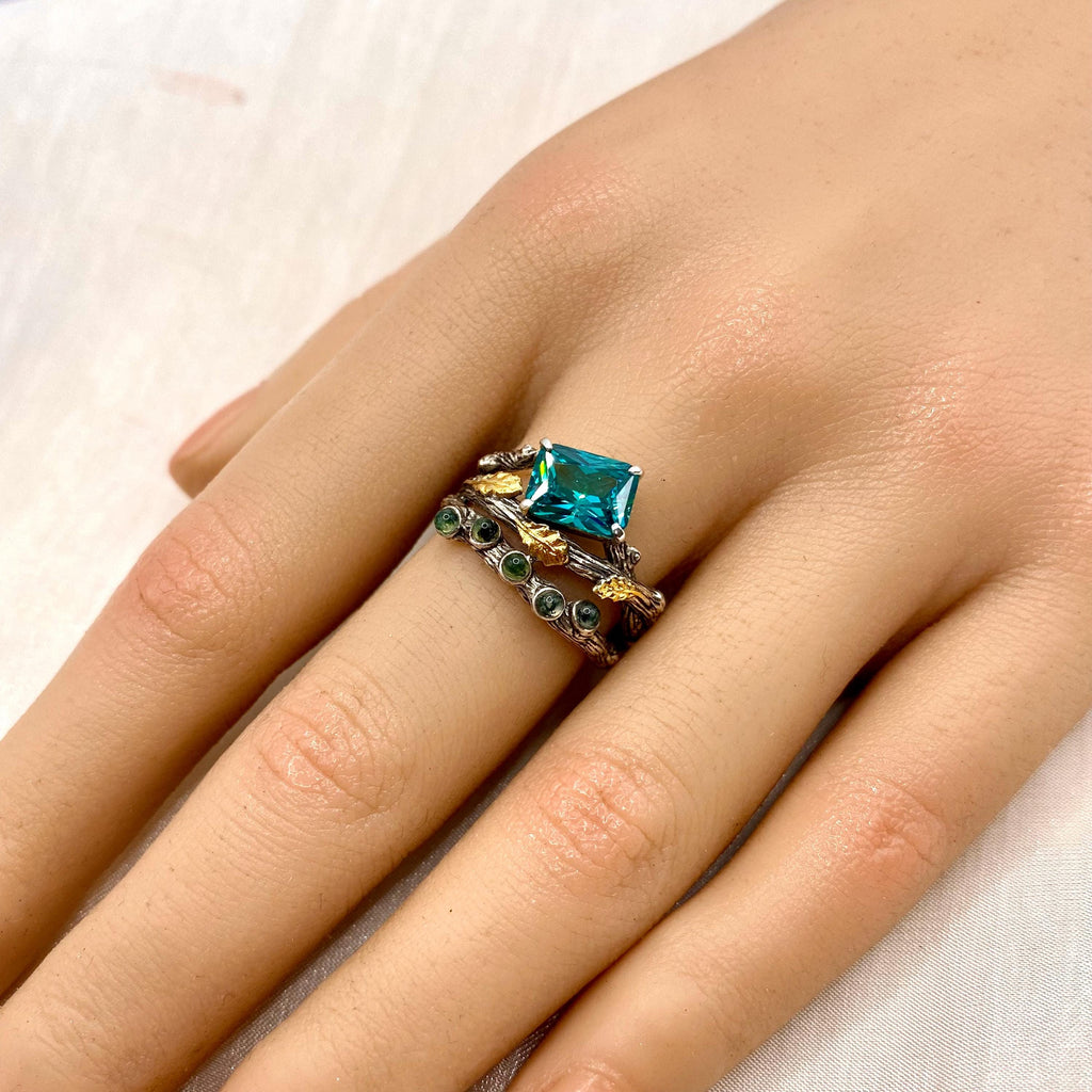 Moss Agate Sterling Silver Oak Leaf Ring