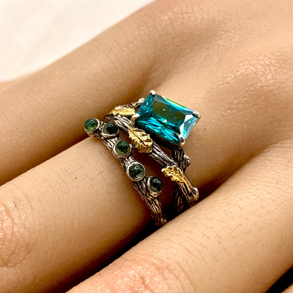 Moss Agate Sterling Silver Oak Leaf Ring
