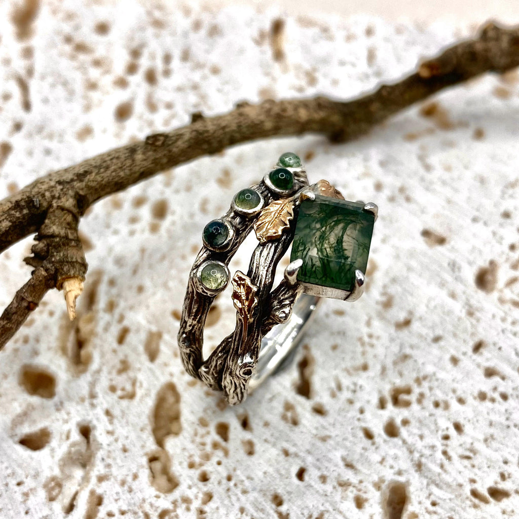 Moss Agate Sterling Silver Twig Ring Set