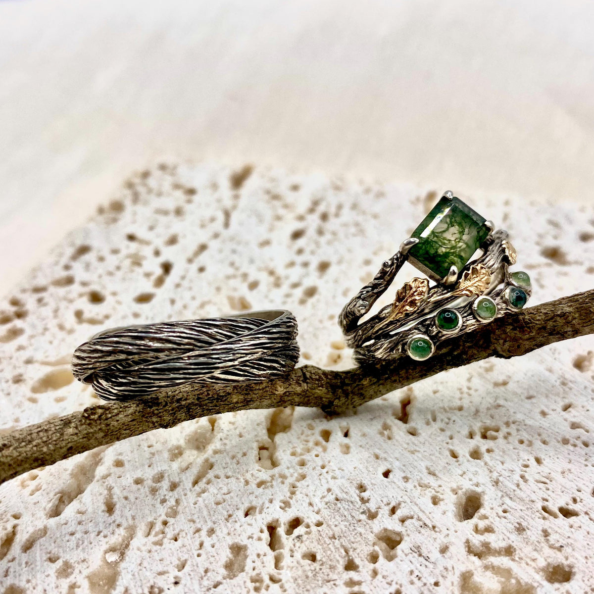 Moss Agate Sterling Silver Twig Ring Set