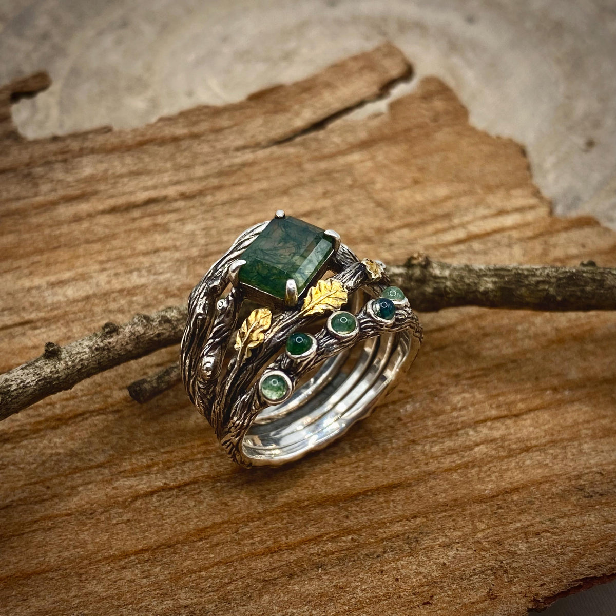 Moss Agate Sterling Silver Oak Leaf Ring