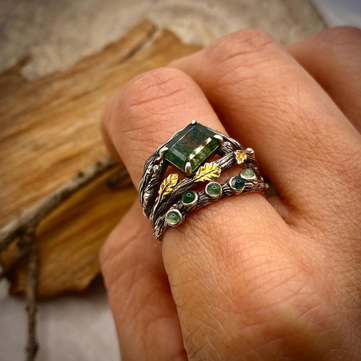 Moss Agate Sterling Silver Oak Leaf Ring