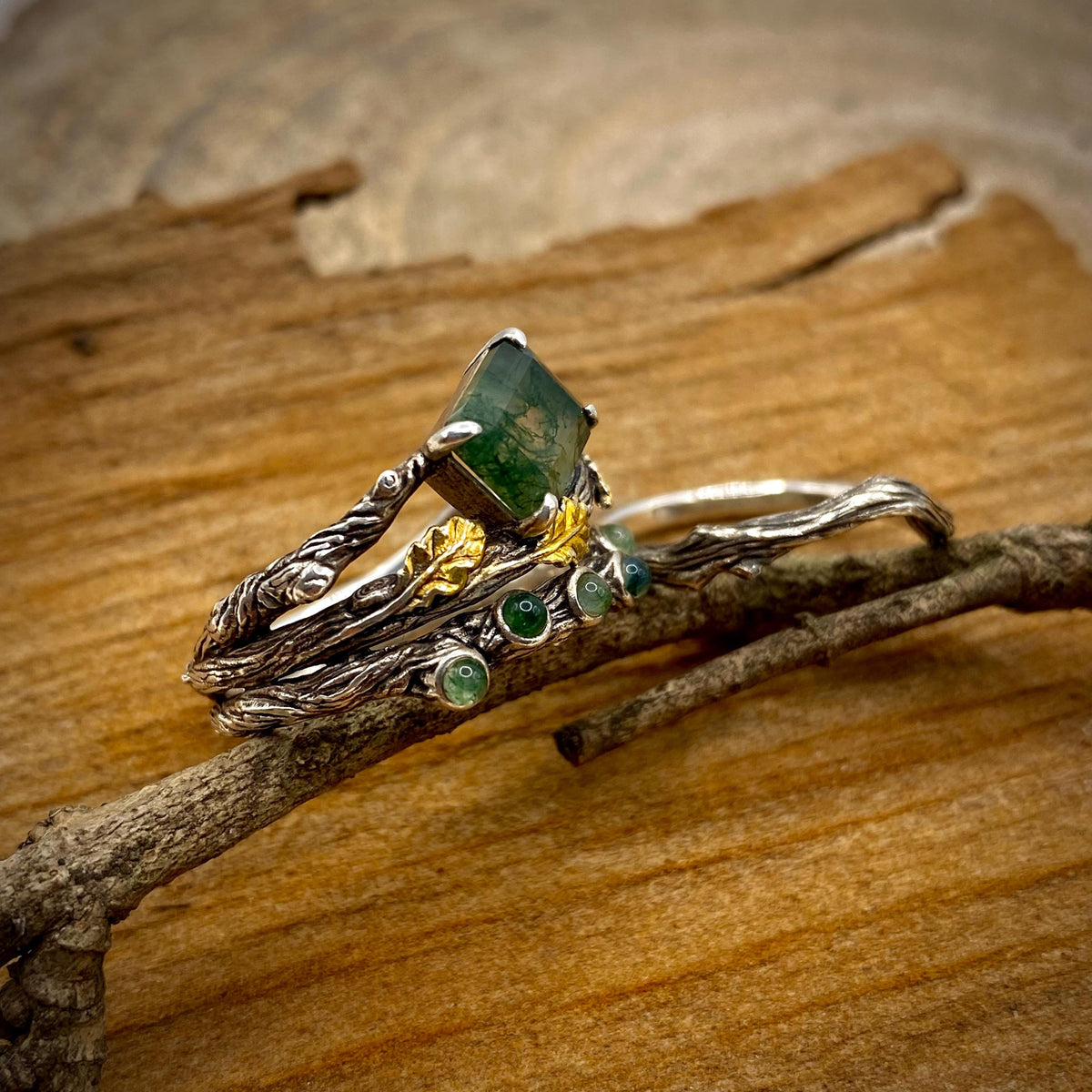 Moss Agate Sterling Silver Oak Leaf Ring