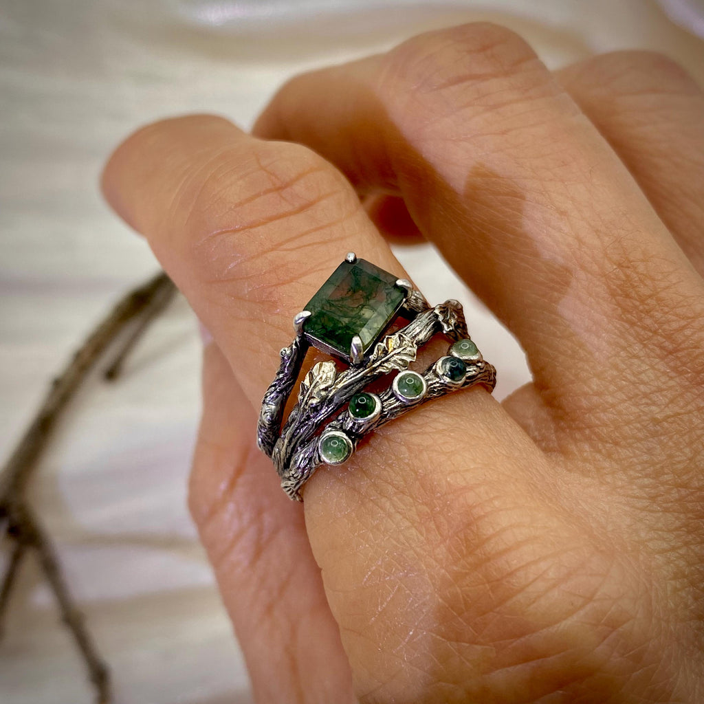 Moss Agate Sterling Silver Oak Leaf Ring