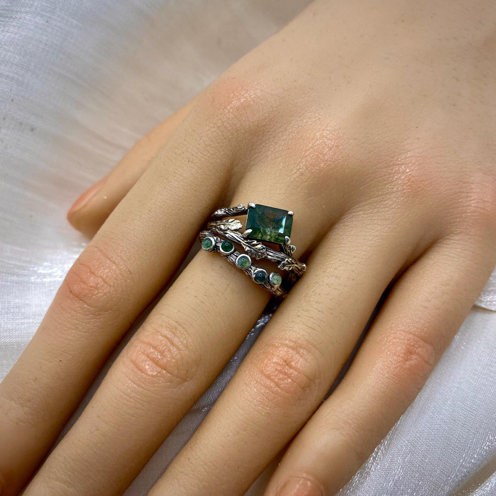 Moss Agate Sterling Silver Oak Leaf Ring