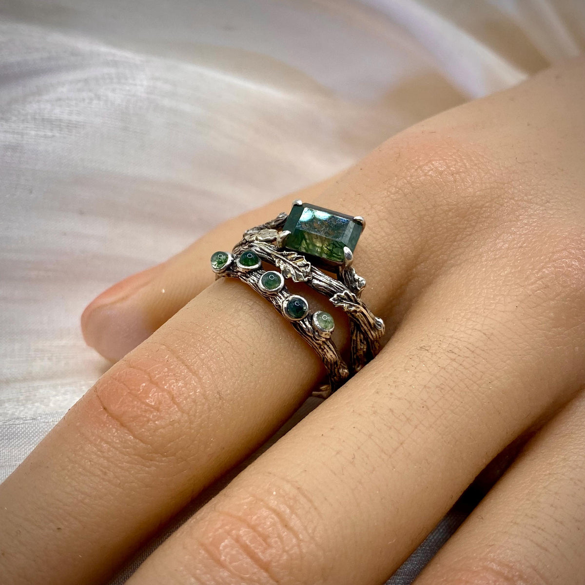 Moss Agate Sterling Silver Oak Leaf Ring