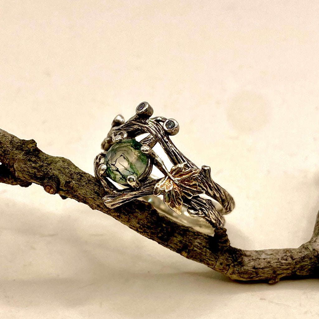 Moss Agate Sterling Silver Twig Ring Set