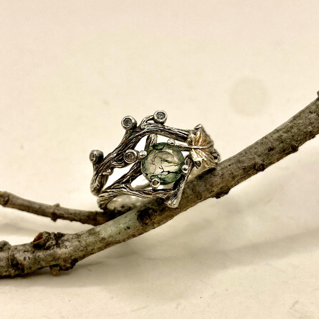 Moss Agate Sterling Silver Twig Ring Set