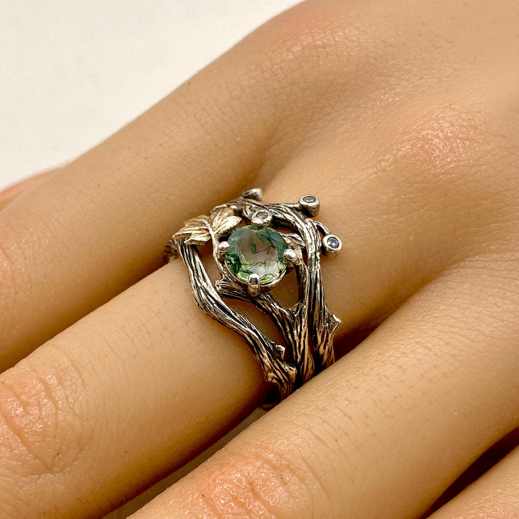 Moss Agate Sterling Silver Maple Leaf Ring Set