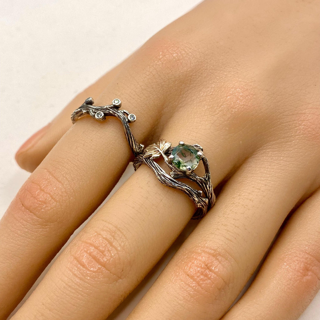 Moss Agate Sterling Silver Maple Leaf Ring Set