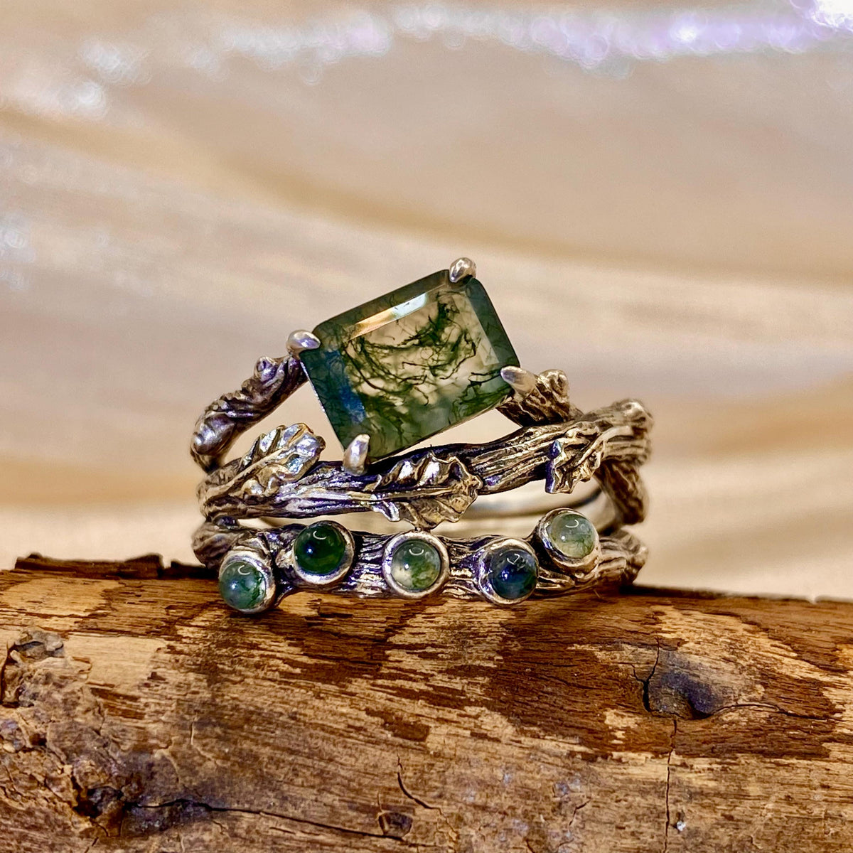 Moss Agate Sterling Silver Oak Leaf Ring