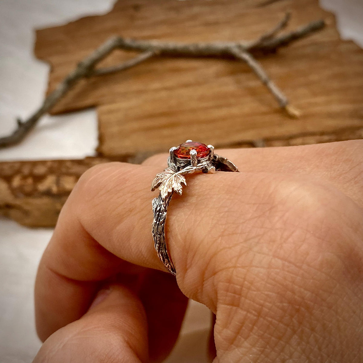 Watermelon Tourmaline Sterling Silver Maple Leaf Ring