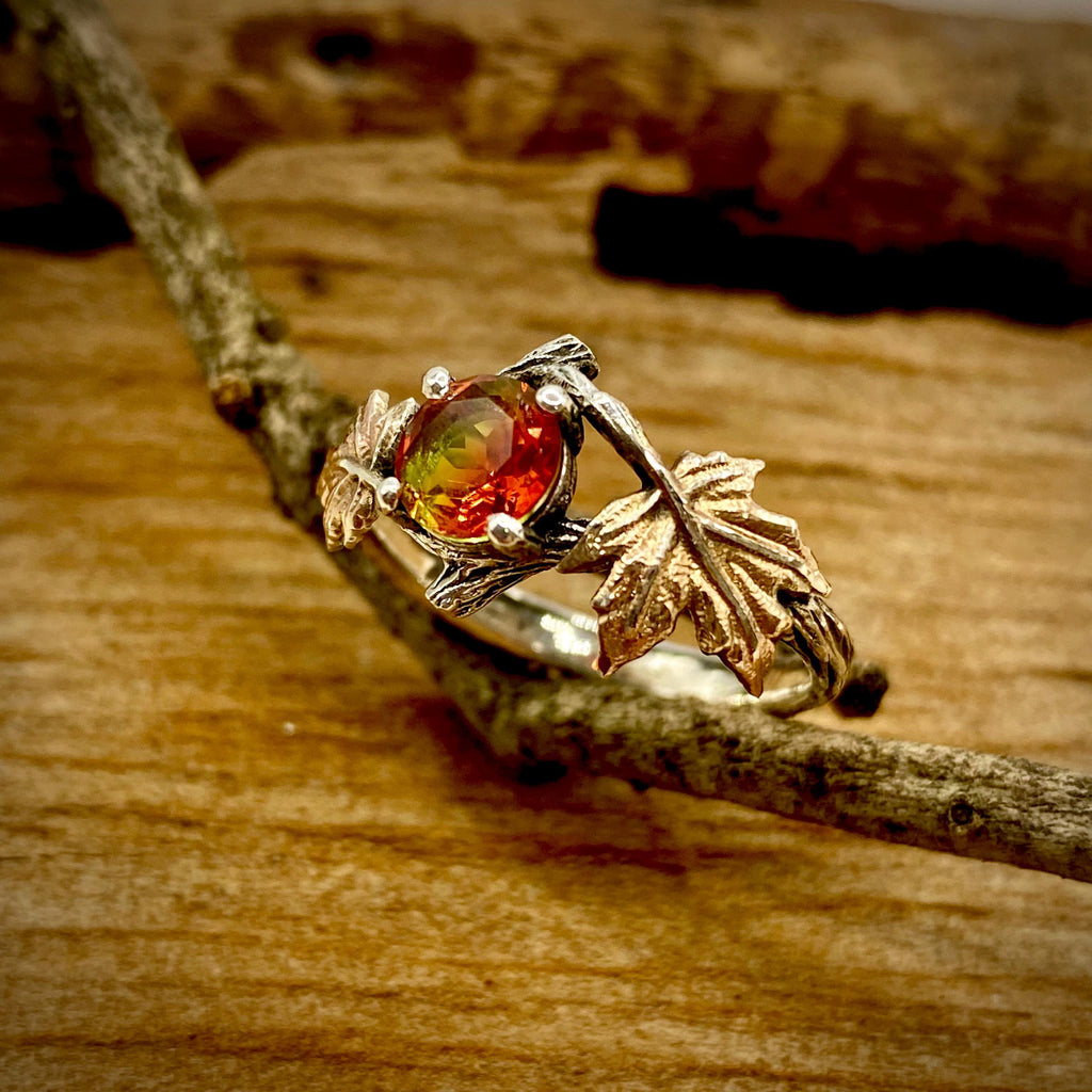 Watermelon Tourmaline Sterling Silver Maple Leaf Ring