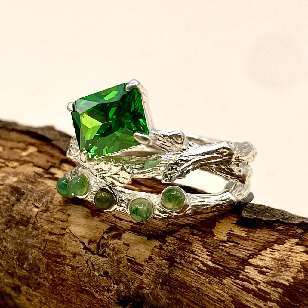 Moss Agate Sterling Silver Oak Leaf Ring