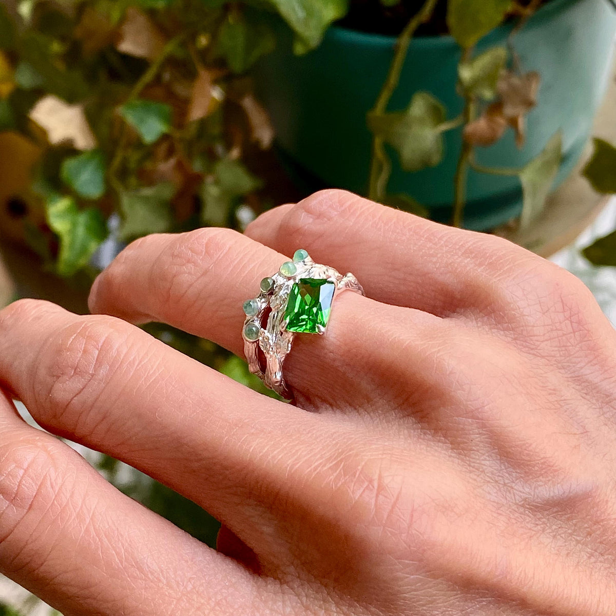 Moss Agate Sterling Silver Oak Leaf Ring