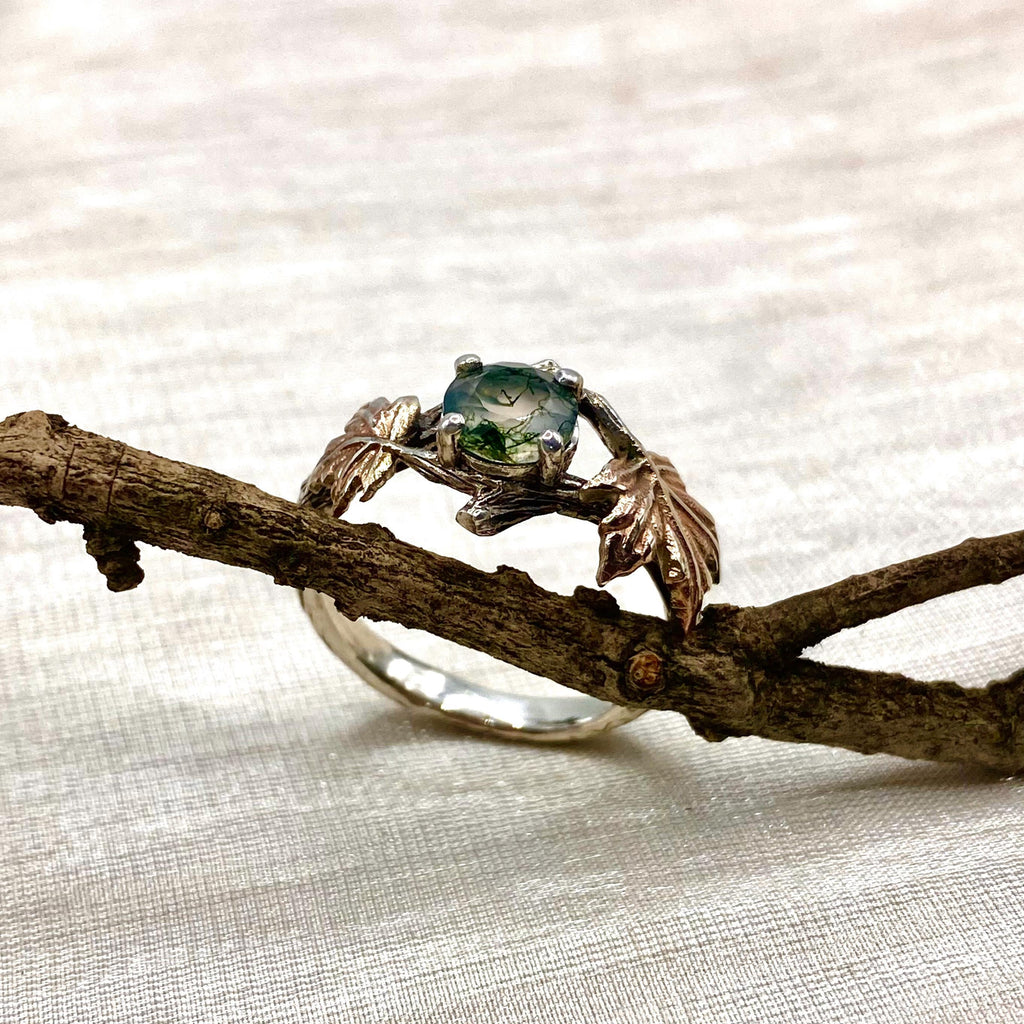 Moss Agate Sterling Silver Maple Leaf Ring