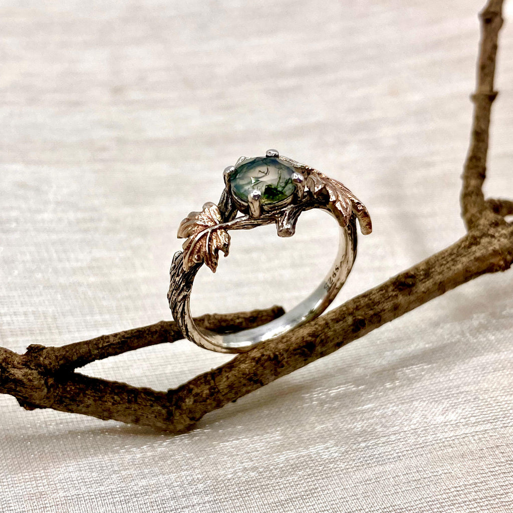 Moss Agate Sterling Silver Maple Leaf Ring