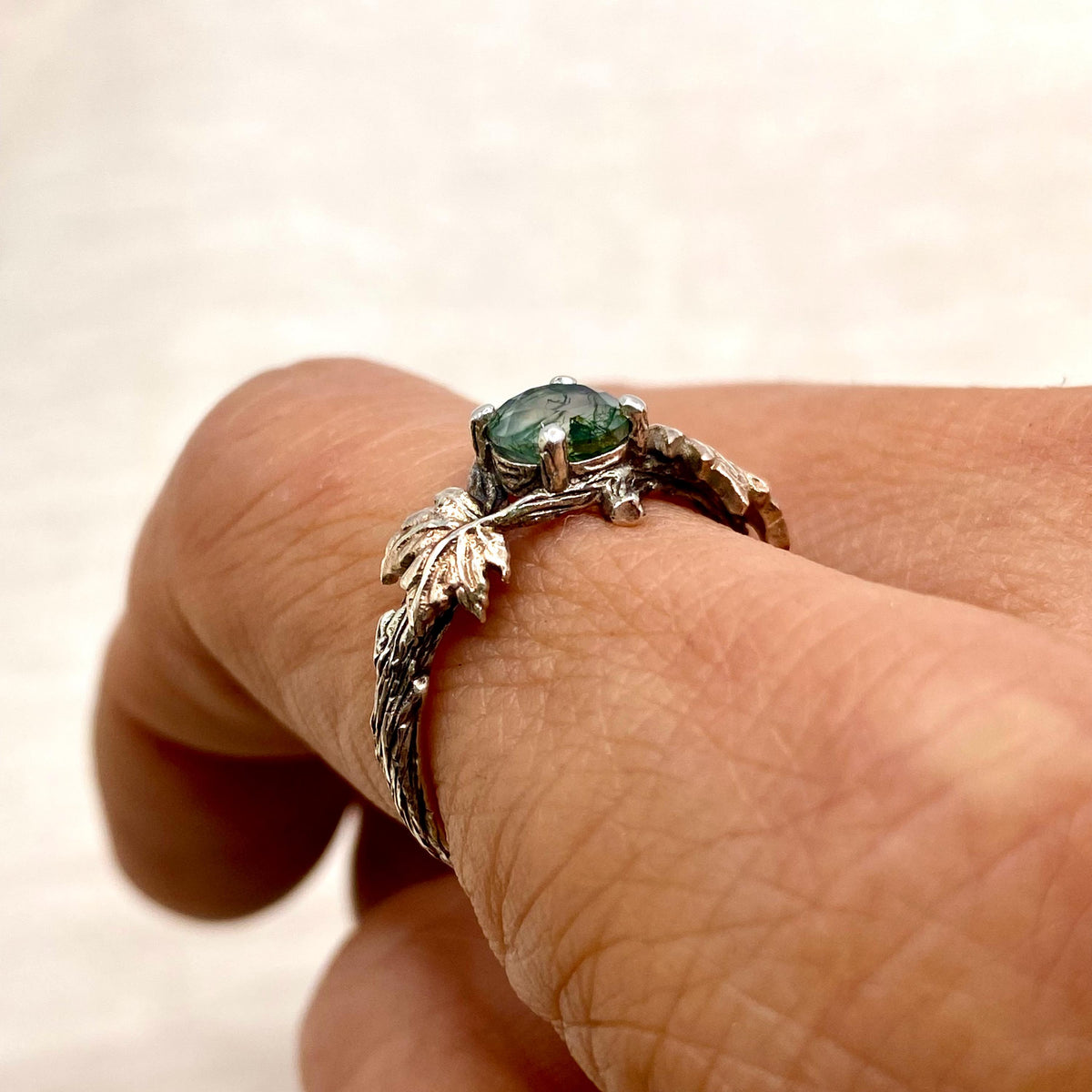 Moss Agate Sterling Silver Maple Leaf Ring