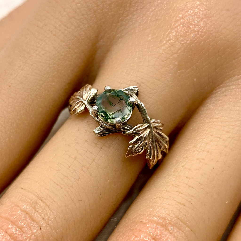 Moss Agate Sterling Silver Maple Leaf Ring
