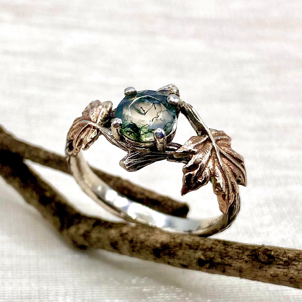 Moss Agate Sterling Silver Maple Leaf Ring