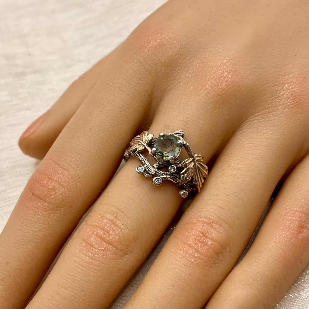 Moss Agate Sterling Silver Maple Leaf Ring