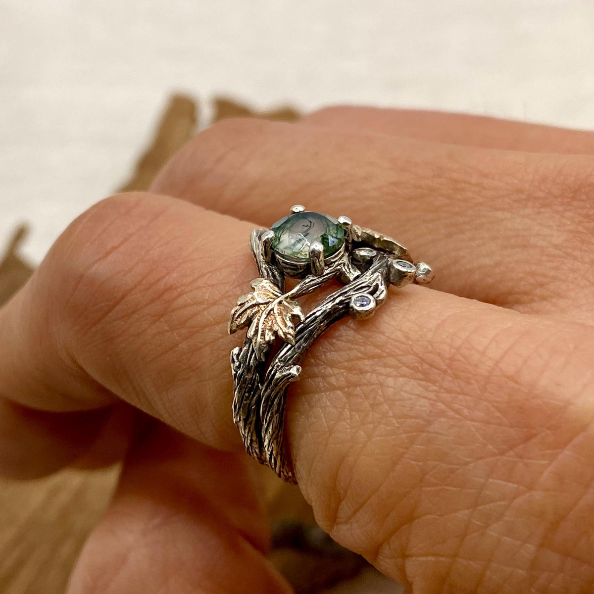 Moss Agate Sterling Silver Maple Leaf Ring